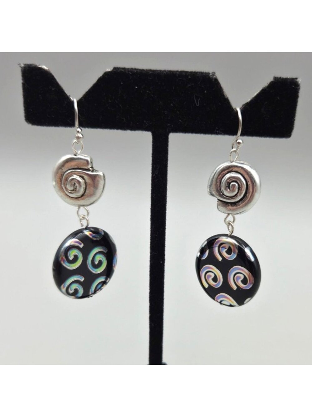 Swirl Pattern Dangle Earrings Black Glass Iridescent Silver Accents 14 Grams